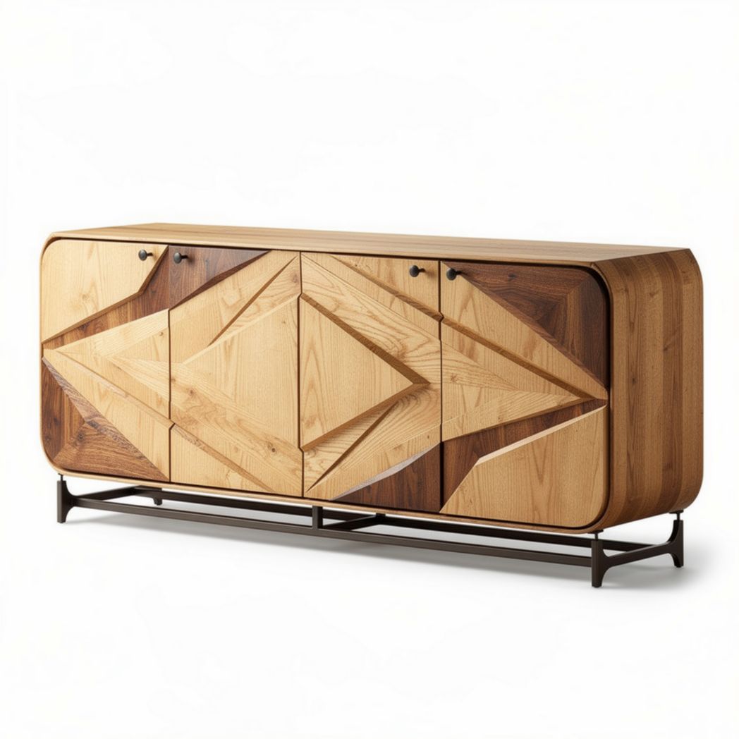 Modern wooden sideboard with geometric design and metal legs 150 x 45 x 75cm