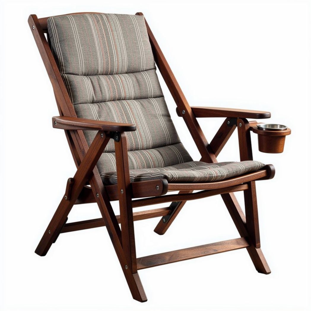 Wooden folding chair with striped fabric seat and cup holder 90 x 70 x 100cm