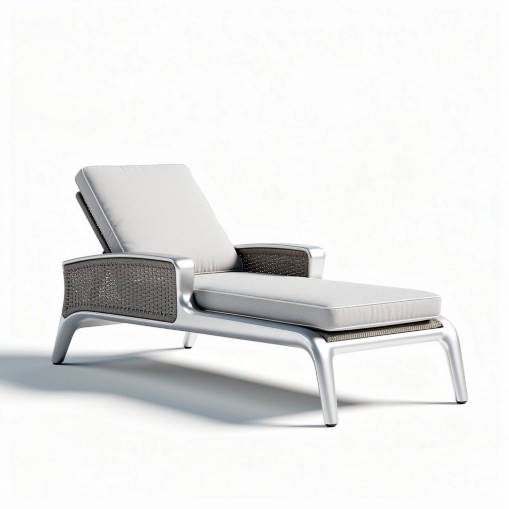Aluminum outdoor chaise lounge with cushion and woven backrest in gray