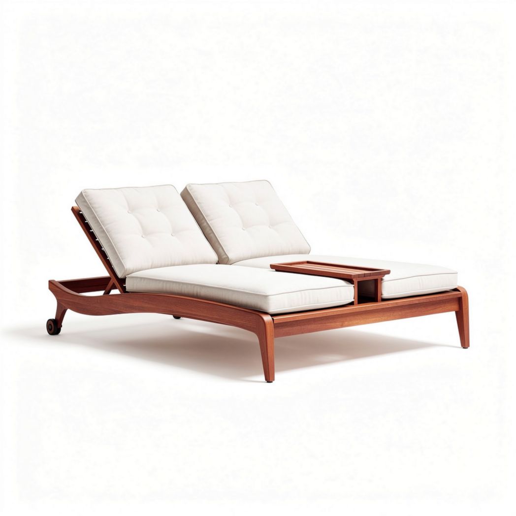 Wooden lounge chair with adjustable backrest and removable cushion in cream color 200 x 120 x 70cm