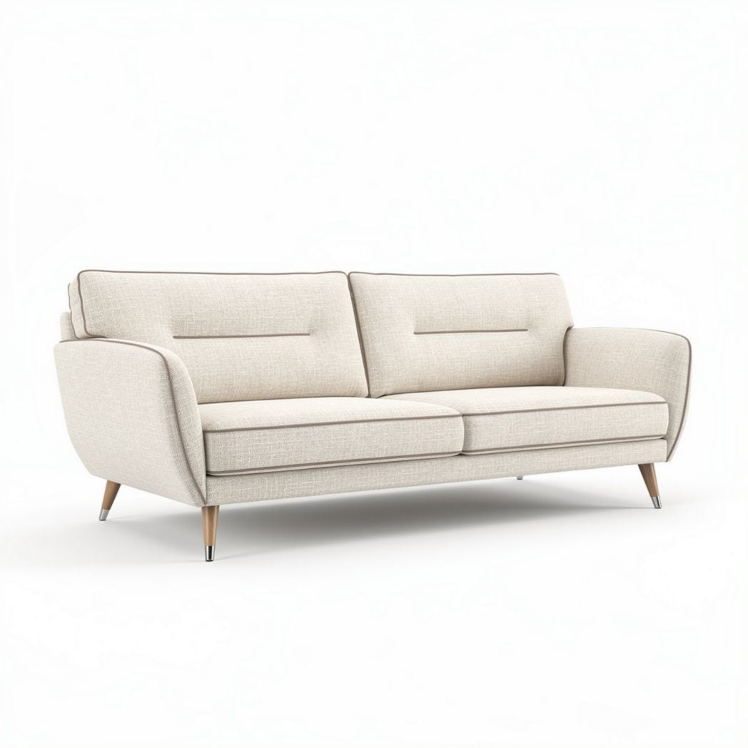 Modern upholstered sofa in light beige fabric with wooden legs 180 x 80 x 85cm