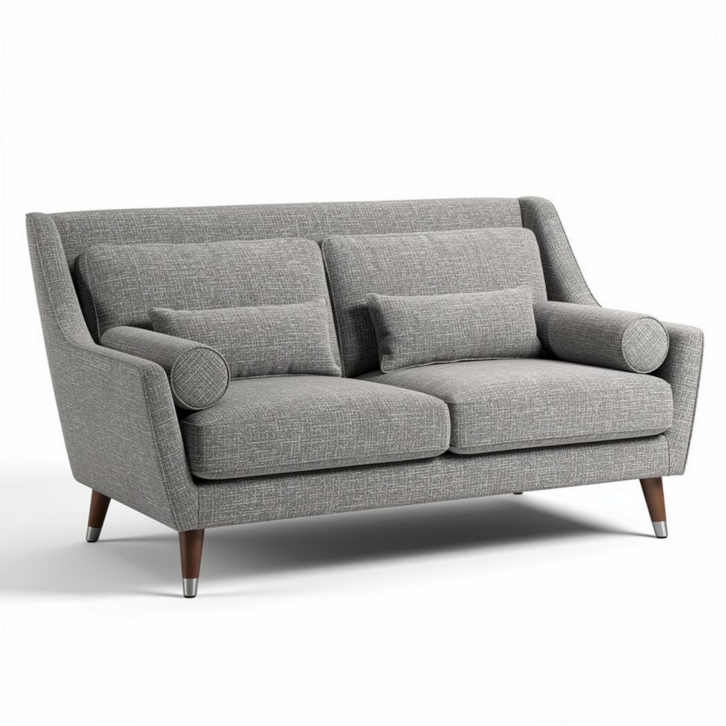 Modern gray fabric loveseat with wooden legs measuring 200 x 90 x 85cm