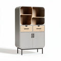 Modern storage cabinet with wood shelves and drawers in grey finish 80 x 40 x 130cm