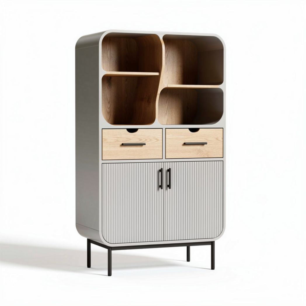 Modern storage cabinet with wood shelves and drawers in grey finish 80 x 40 x 130cm