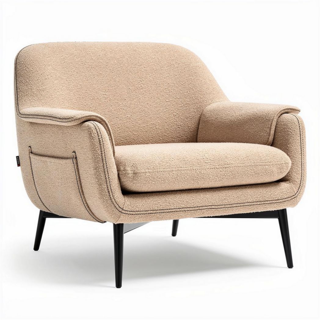 Beige upholstered armchair with metal legs for living room seating
