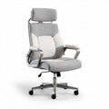 Ergonomic office chair with adjustable headrest and grey mesh upholstery