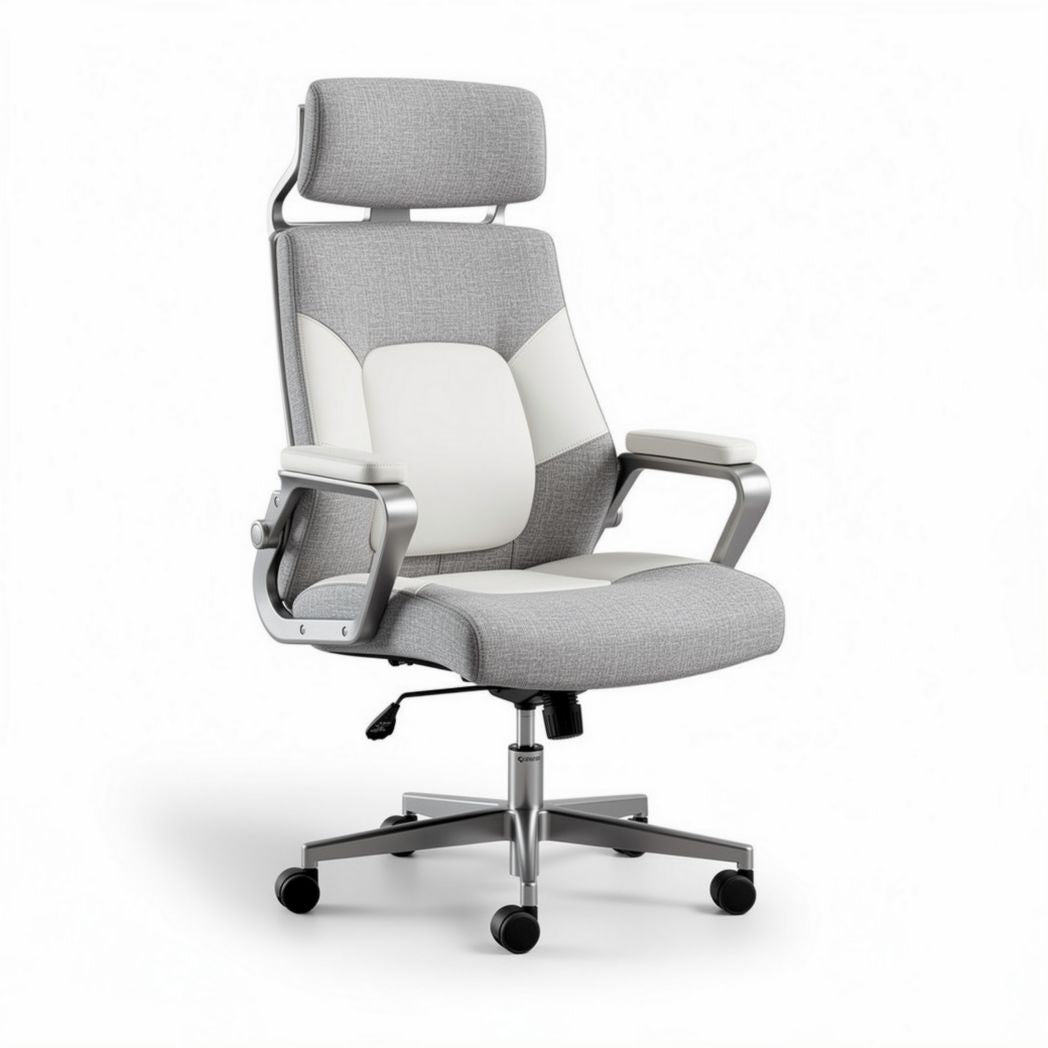 Ergonomic office chair with adjustable headrest and grey mesh upholstery