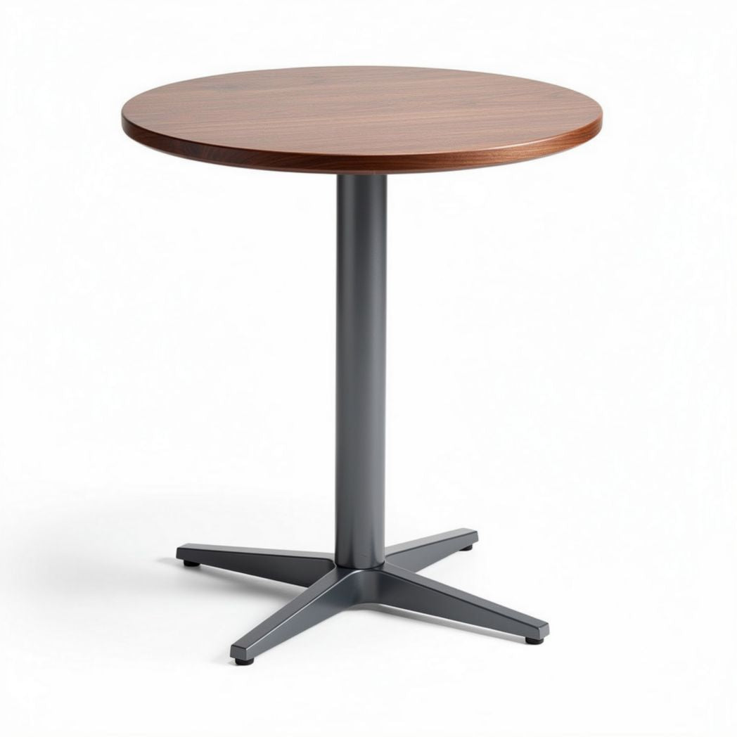 Round wooden table with metal base suitable for dining or office space 60 x 60 x 75cm